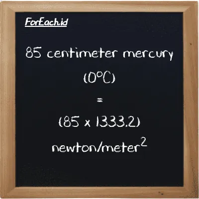 How to convert centimeter mercury (0<sup>o</sup>C) to newton/meter<sup>2</sup>: 85 centimeter mercury (0<sup>o</sup>C) (cmHg) is equivalent to 85 times 1333.2 newton/meter<sup>2</sup> (N/m<sup>2</sup>)